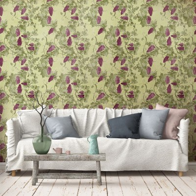 Tapet Vrancea, cu design clasic floral, inspirat din natură, cu frunze verzi și ciorchini de struguri roșii.
