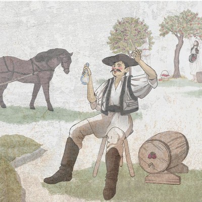 Tapet Toamna, VLAdiLA, cu design rustic și autentic, ilustrând un țăran român în costum tradițional