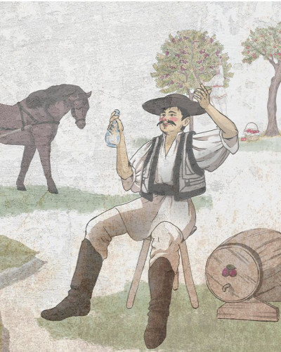 Tapet Toamna, VLAdiLA, cu design rustic și autentic, ilustrând un țăran român în costum tradițional