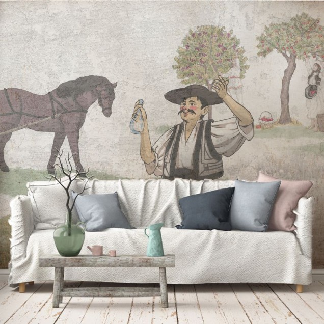 Tapet Toamna, VLAdiLA, cu design rustic și autentic, ilustrând un țăran român în costum tradițional