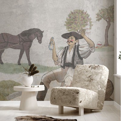 Tapet Toamna, VLAdiLA, cu design rustic și autentic, ilustrând un țăran român în costum tradițional