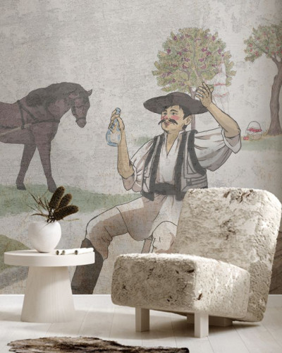 Tapet Toamna, VLAdiLA, cu design rustic și autentic, ilustrând un țăran român în costum tradițional