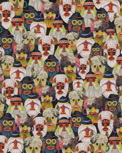 Tapet cu design unic și captivant, cu o multitudine de măști colorate și expresive.