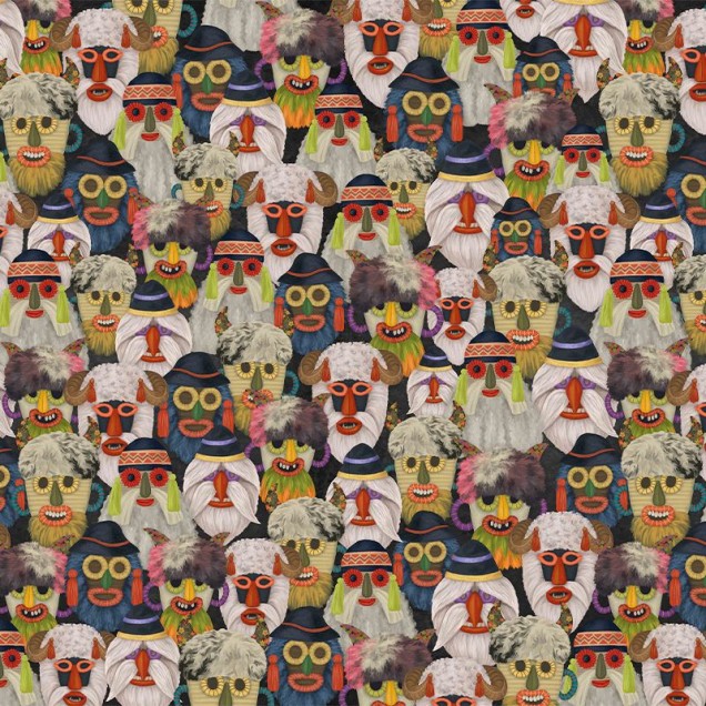 Tapet cu design unic și captivant, cu o multitudine de măști colorate și expresive.