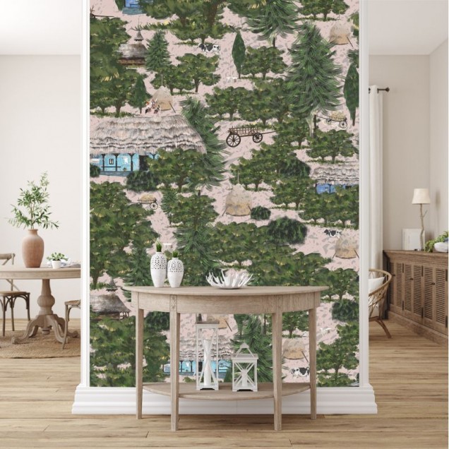 Tapet cu design rustic, cu o casă tradițională și copaci pe un fundal verde.