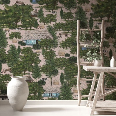 Tapet cu design rustic, cu o casă tradițională și copaci pe un fundal verde.