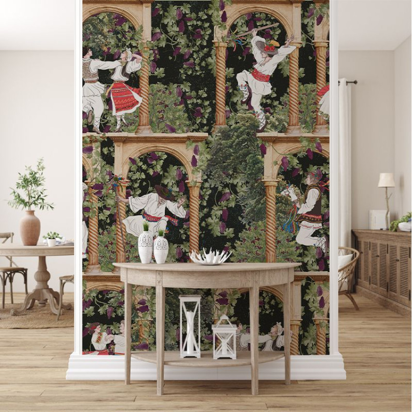 Tapet cu design românesc tradițional, reprezentând dansuri populare în decor luxuriant de viță de vie.