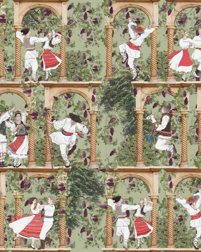 Tapet Geamparale-n iarbă, cu un design unic și vibrant, ilustrând o scenă tradițională cu perechi de dansatori în costume populare.