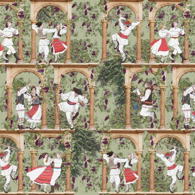 Tapet Geamparale-n iarbă, cu un design unic și vibrant, ilustrând o scenă tradițională cu perechi de dansatori în costume populare.