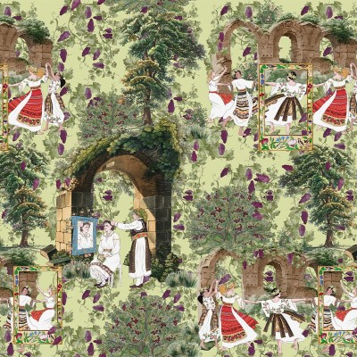 Tapet Amurg (verde) cu design floral si arcuri, cu fete in costume traditionale românești ce dansează printre vița de vie.
