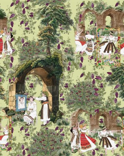 Tapet Amurg (verde) cu design floral si arcuri, cu fete in costume traditionale românești ce dansează printre vița de vie.
