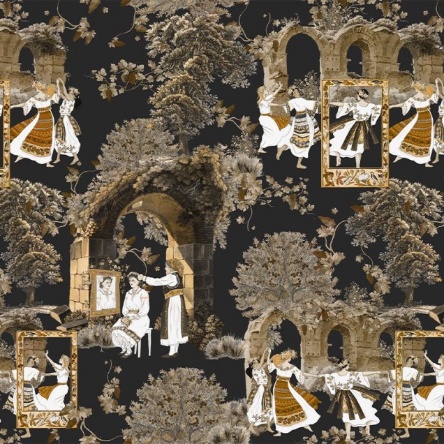 Tapet Amurg (rugină) cu un design elegant, cu tonuri calde de rugină și accente aurii.