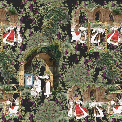 Tapet Amurg (negru) - un design inedit cu motive traditionale romanești, cu un fundal inchis si detalii pastelate