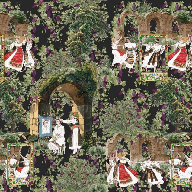 Tapet Amurg (negru) - un design inedit cu motive traditionale romanești, cu un fundal inchis si detalii pastelate