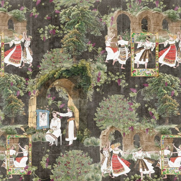 Tapet Amurg (gri) - Design unic cu dansatori tradiționali, culori calde și o atmosferă romantică
