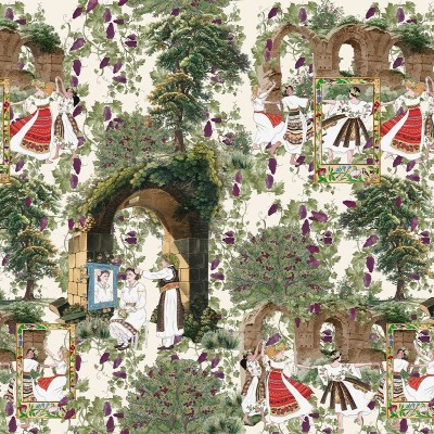Tapet cu design traditional romanesc, ilustrand amurgul cu fete in rochii traditionale si natura luxuriantă.