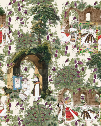 Tapet cu design traditional romanesc, ilustrand amurgul cu fete in rochii traditionale si natura luxuriantă.