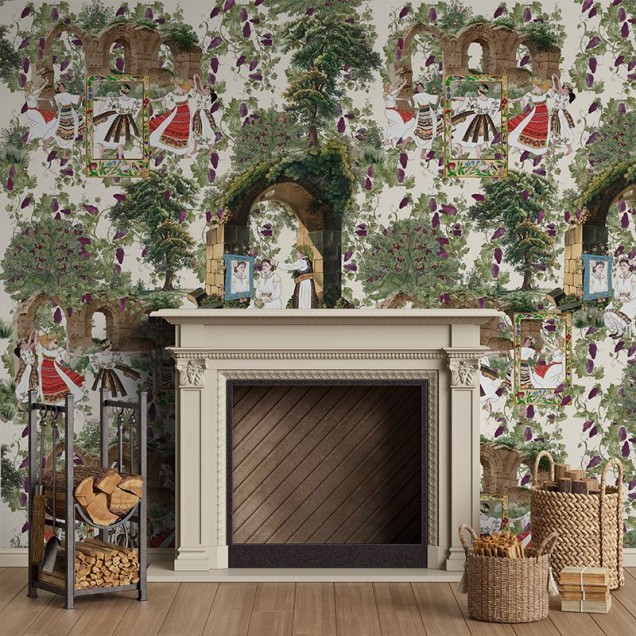 Tapet cu design traditional romanesc, ilustrand amurgul cu fete in rochii traditionale si natura luxuriantă.