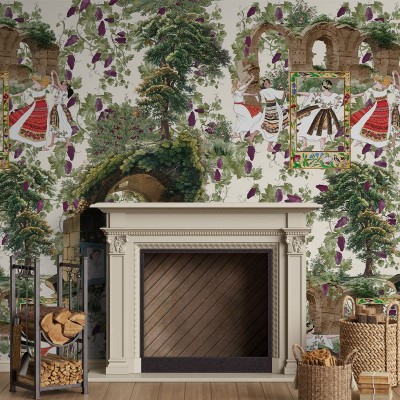 Tapet cu design traditional romanesc, ilustrand amurgul cu fete in rochii traditionale si natura luxuriantă.