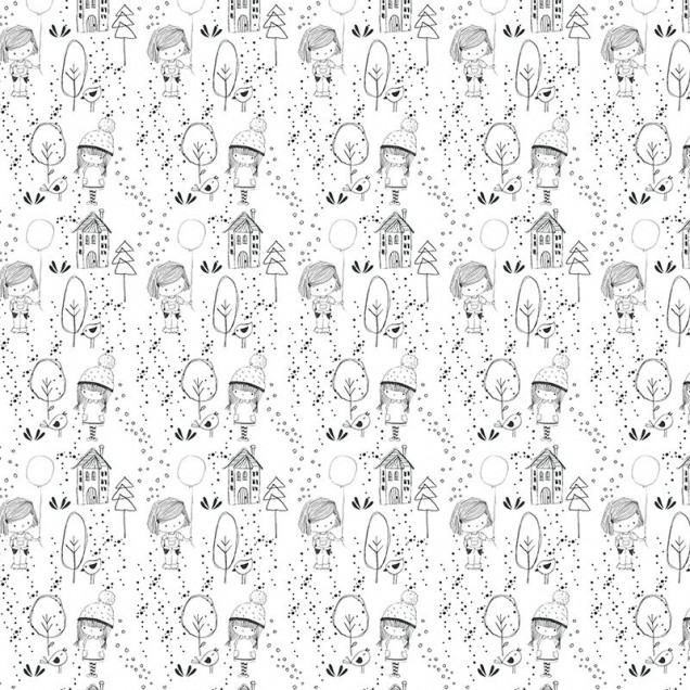 Tapet cu fetite simpatice, copaci si case, in nuante monocrome