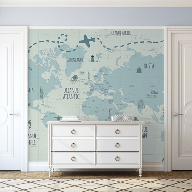 Harta lumii pentru copii cu detalii dragute despre continente si oceane. Designul este realizat in culori pastelate, cu accente de albastru, verde si gri.