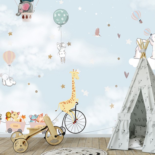 Tapet cu baloane aerostate, stele și iepurași adorabili, perfect pentru decorarea camerei copilului.