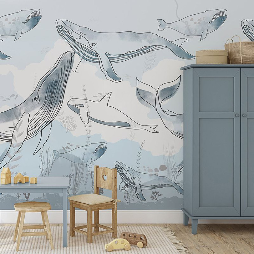 Tapet cu balene albastre, design marin, ideal pentru dormitorul copiilor