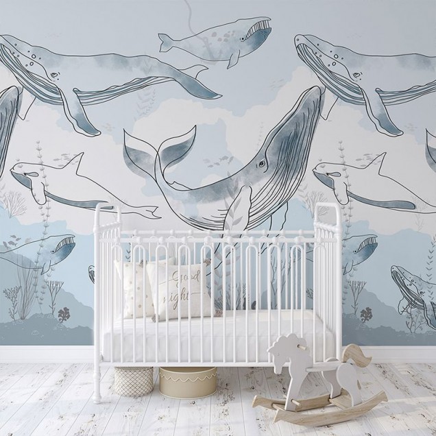 Tapet cu balene albastre, design marin, ideal pentru dormitorul copiilor
