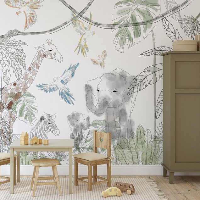 Tapet cu design safari, cu girafe, elefanți și zebre, într-un design minimalist și elegant.