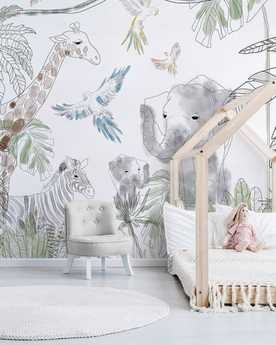 Tapet cu design safari, cu girafe, elefanți și zebre, într-un design minimalist și elegant.