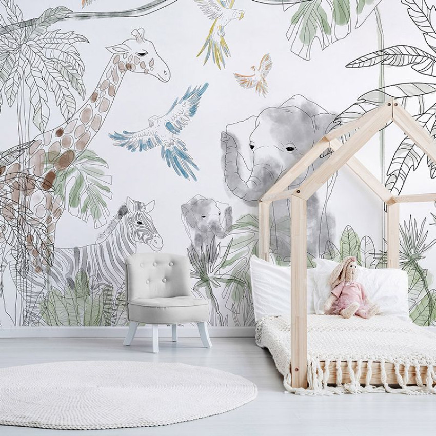 Tapet cu design safari, cu girafe, elefanți și zebre, într-un design minimalist și elegant.