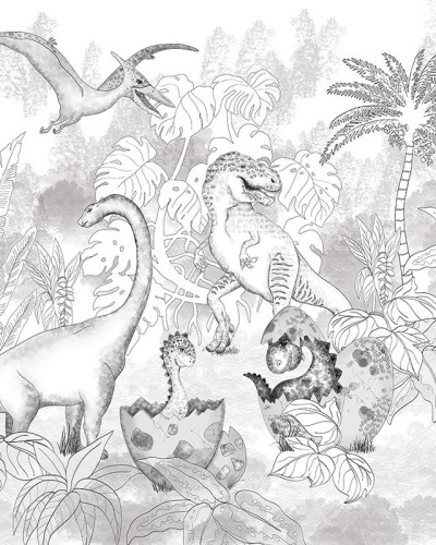 Tapet gri cu dinozauri, palmieri și plante tropicale, perfect pentru camera copilului