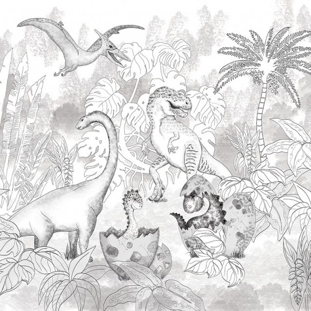 Tapet gri cu dinozauri, palmieri și plante tropicale, perfect pentru camera copilului