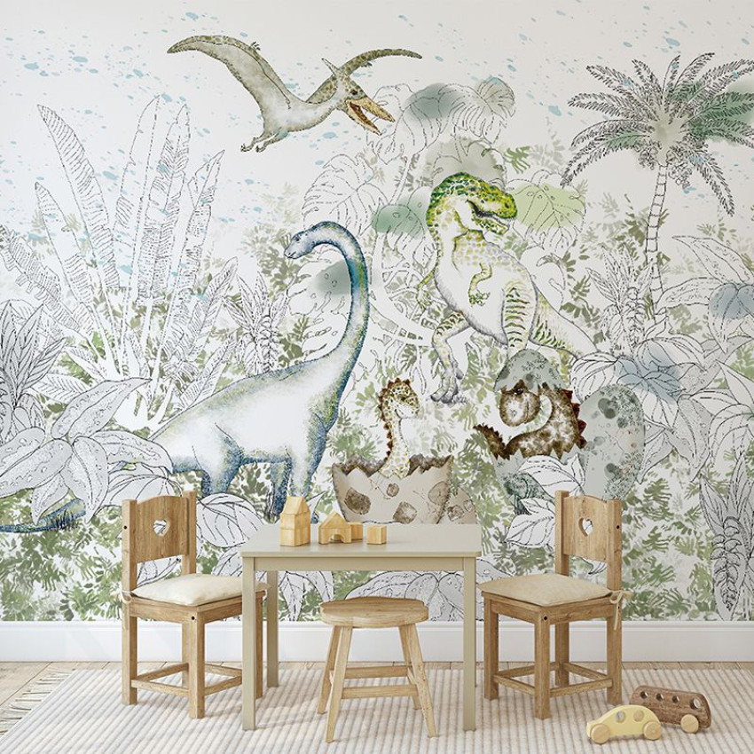 Tapet gri cu dinozauri, palmieri și plante tropicale, perfect pentru camera copilului