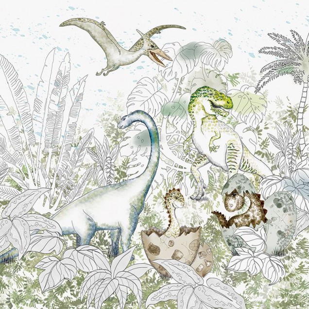 Tapet cu dinozauri si palmieri tropicali pentru camera copilului