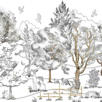 Tapet personalizat cu ilustrații cu peisaj de pădure într-o cameră de copii