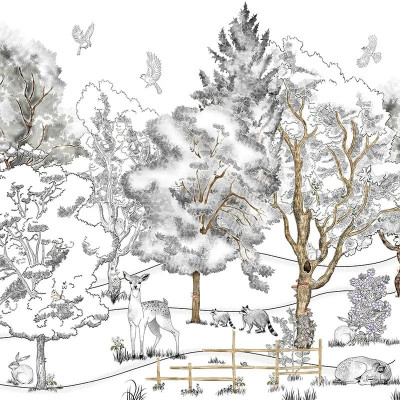 Tapet personalizat cu ilustrații cu peisaj de pădure într-o cameră de copii