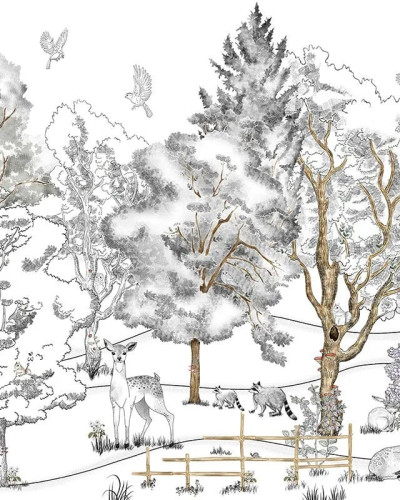Tapet personalizat cu ilustrații cu peisaj de pădure într-o cameră de copii