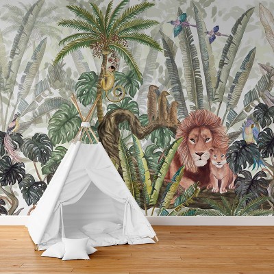 Tapet cu jungle luxuriantă, lei, maimuțe, păsări exotice și plante tropicale.