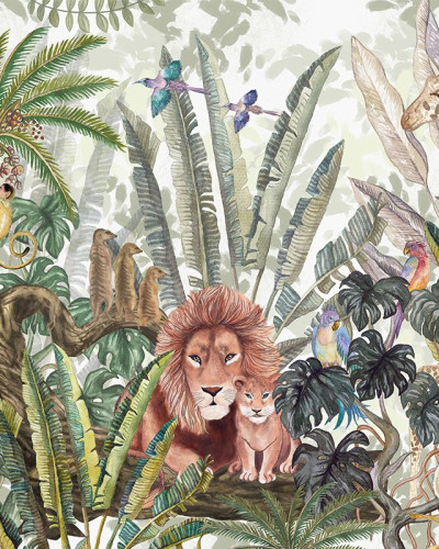 Tapet cu jungle luxuriantă, lei, maimuțe, păsări exotice și plante tropicale.