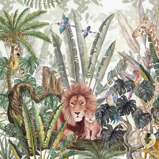 Tapet cu jungle luxuriantă, lei, maimuțe, păsări exotice și plante tropicale.