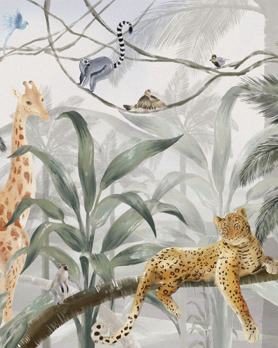 Fototapet cu girafă, leopard și lemuri într-o savană, ideal pentru camera copiilor