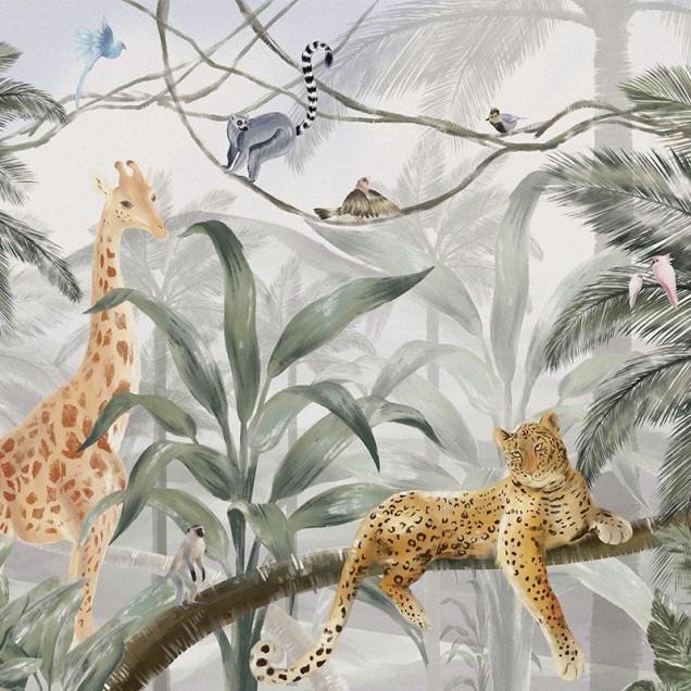 Fototapet cu girafă, leopard și lemuri într-o savană, ideal pentru camera copiilor