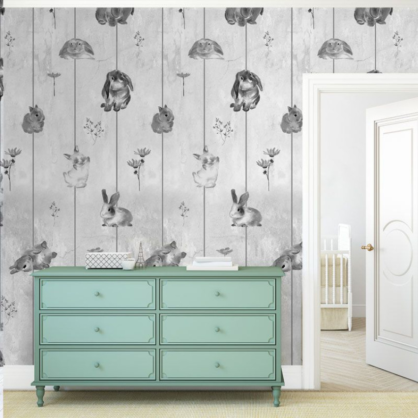 Tapet cu iepurași gri, design minimalist cu iepurași gri pe un fundal gri deschis