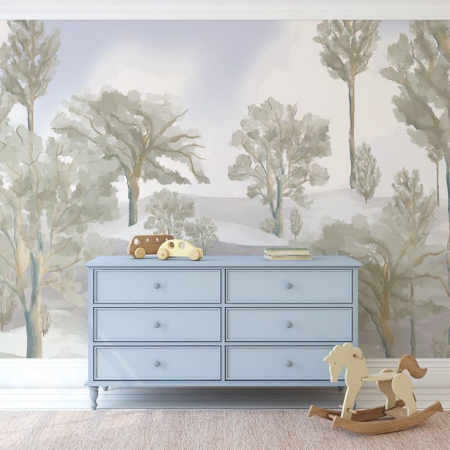 Tapet cu design abstract de pădure cetește, perfect pentru dormitorul copiilor sau livingul tău.