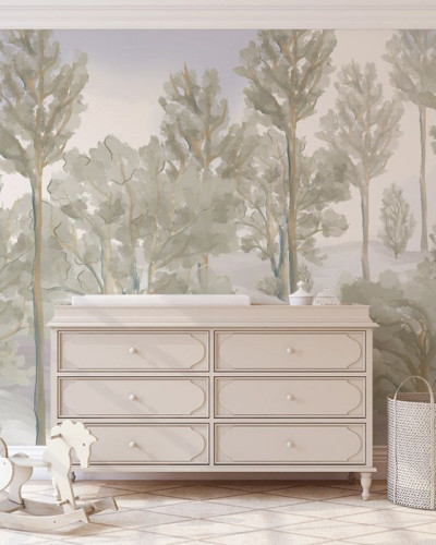Tapet cu designul unei păduri în nuanțe de verde și gri, ideal pentru a decora un dormitor sau living.