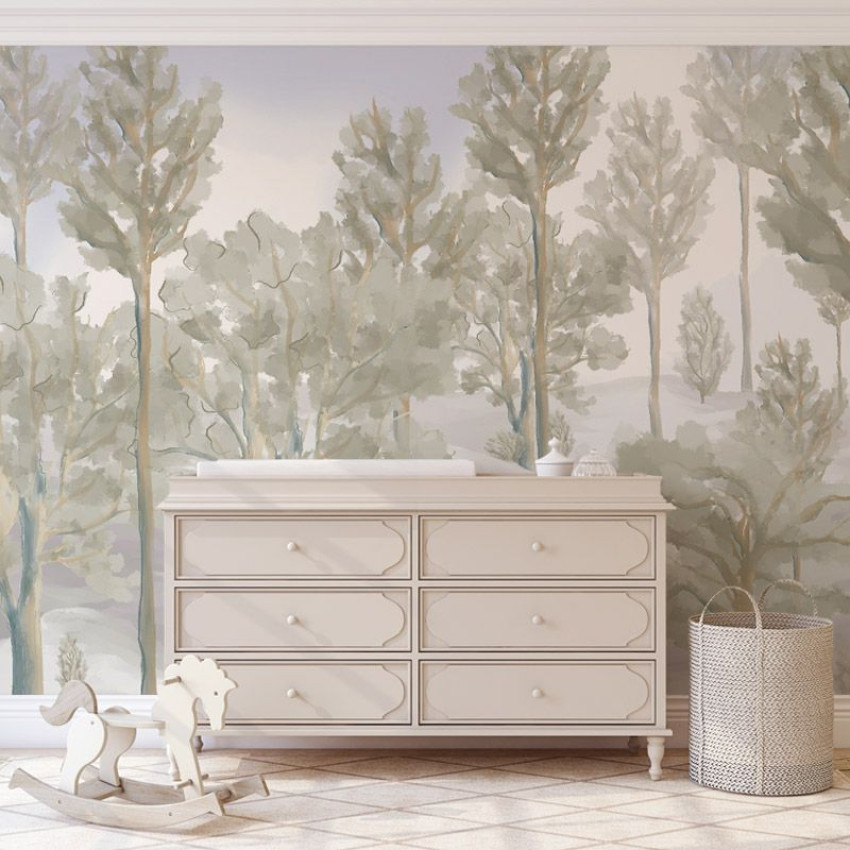Tapet cu designul unei păduri în nuanțe de verde și gri, ideal pentru a decora un dormitor sau living.