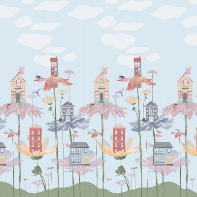 Tapet cu design floral cu case mici, pe un fundal albastru cu nori