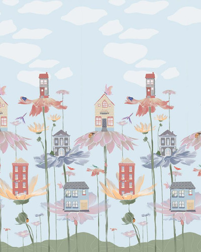 Tapet cu design floral cu case mici, pe un fundal albastru cu nori