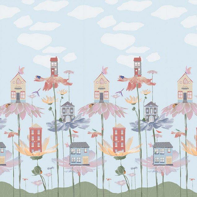 Tapet cu design floral cu case mici, pe un fundal albastru cu nori